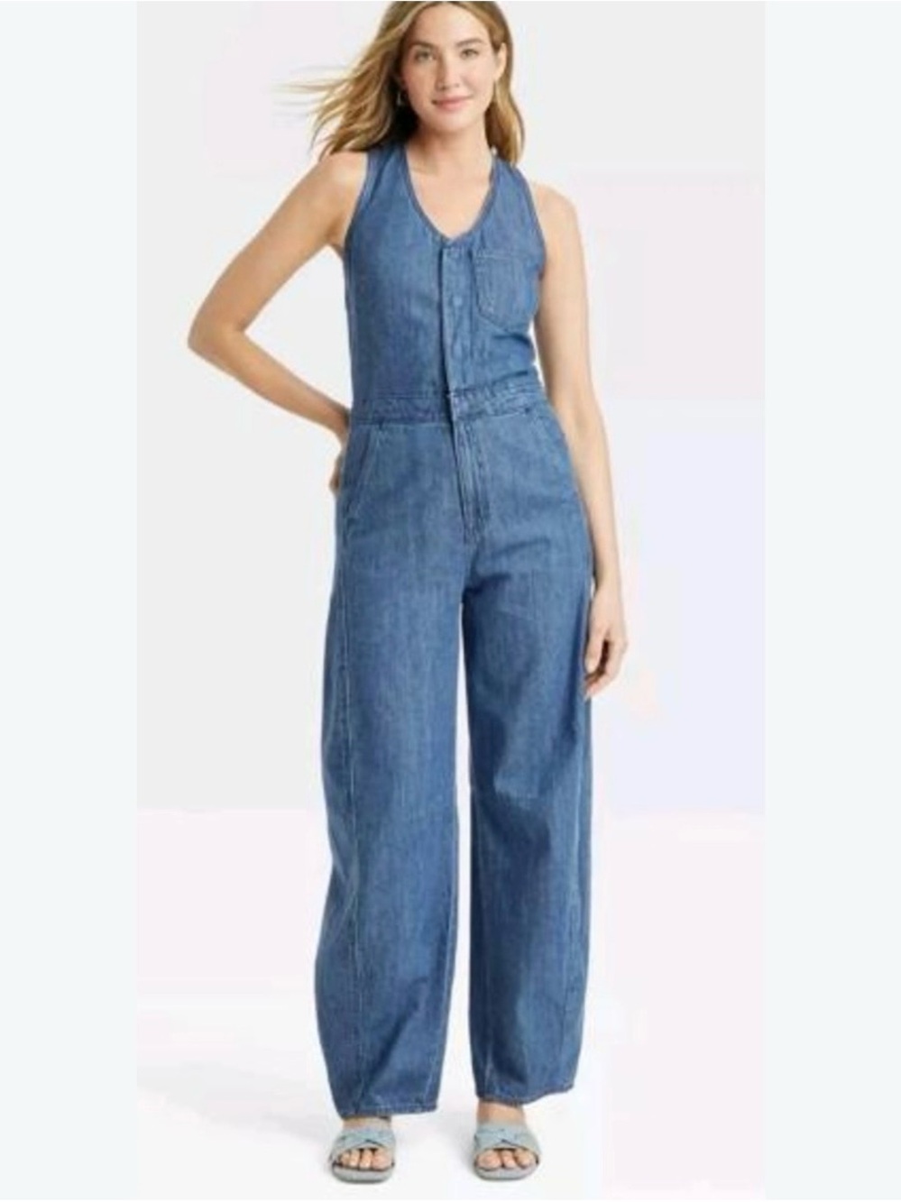 Universal Thread Sleeveless Denim Wide-Leg Overalls - Blue